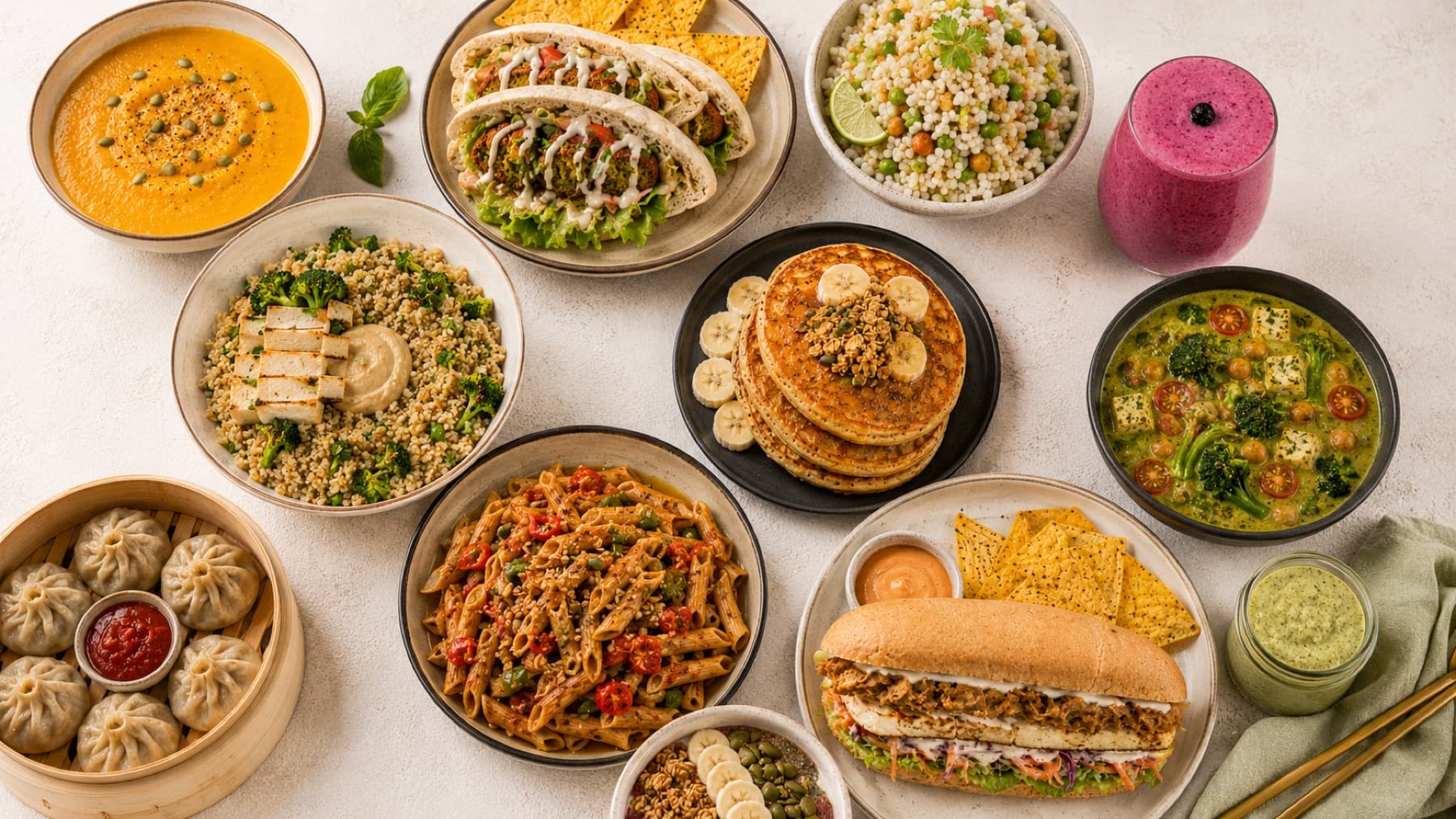A spread of Greenit dishes: falafel pita pockets, quinoa bowl, pancakes, momos, pasta and soup