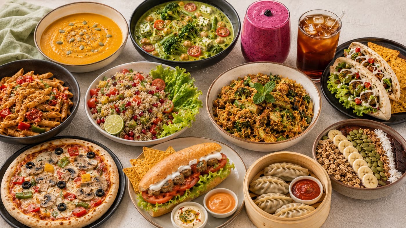 Greenit pizza, quinoa salad, biryani, falafel pita and smoothie bowl